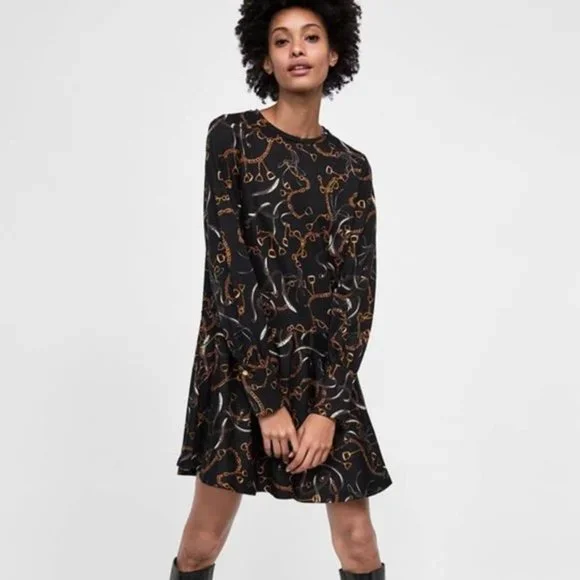 zara chain print midi dress Zara Leopard Chain Print Midi Dress Black Gold Scarf Print Short Sleeve  Size M
